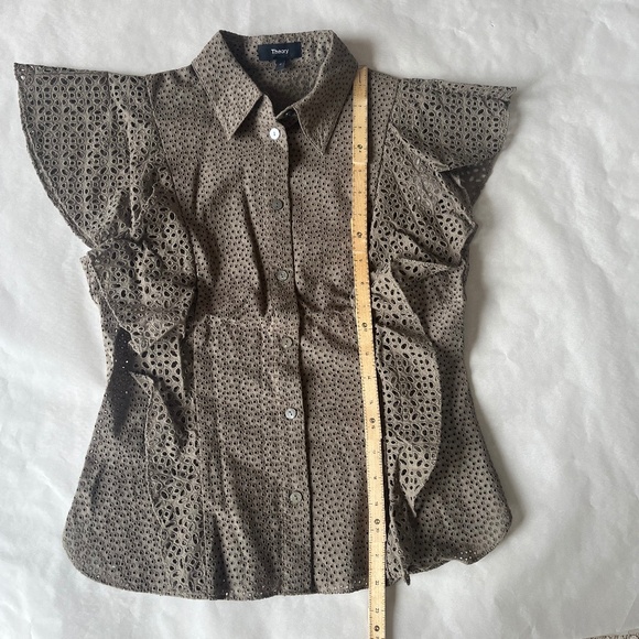 Theory Cotton Eyelet Ruffle Button up Top in Willow Shirt Petite - Picture 11 of 11
